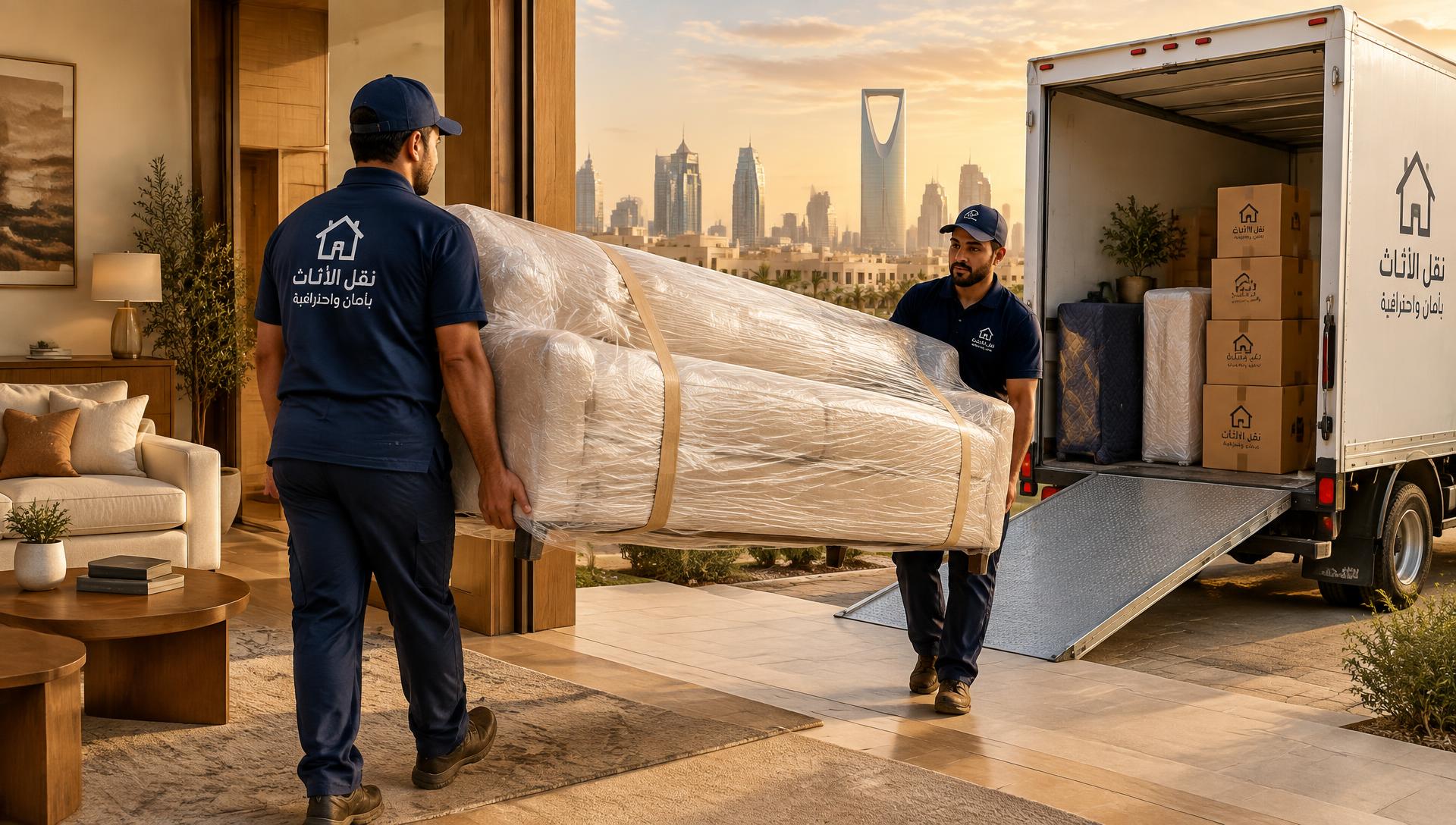 فريق نقل الأثاث لدار الرياض أثناء تغليف ونقل قطعة أثاث